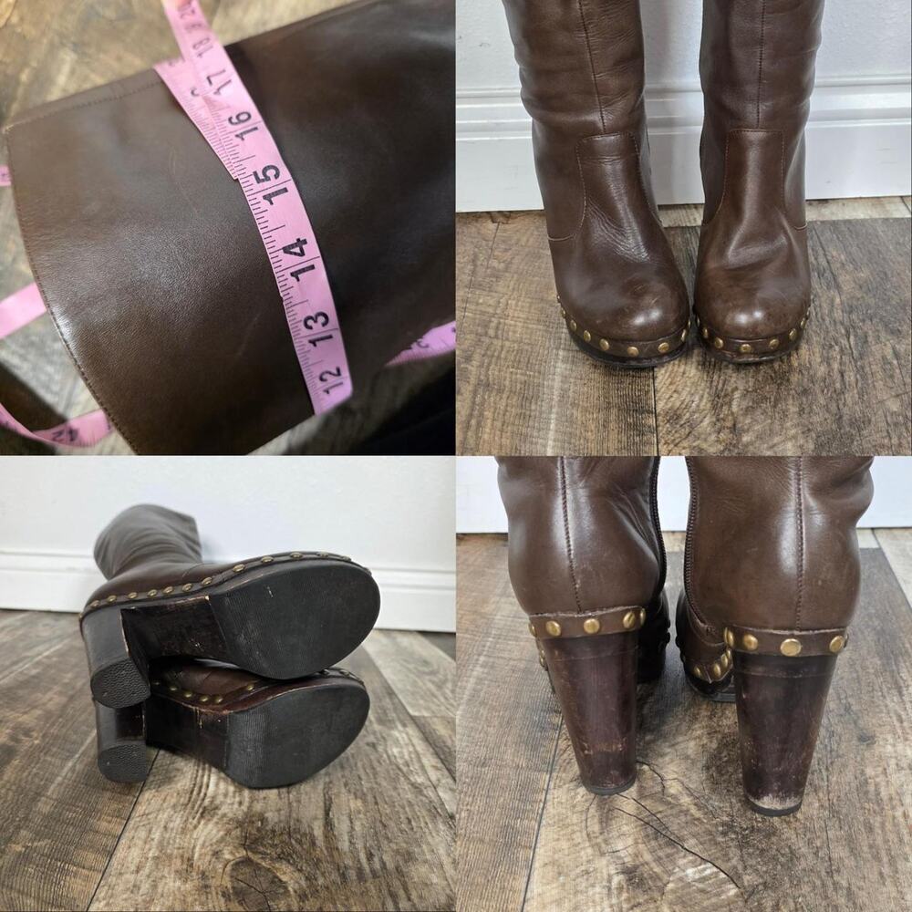 Brown Leather Knee High Platform Boots Studded Clog Heel EU 38 Boho Y2K - Picture 7 of 8